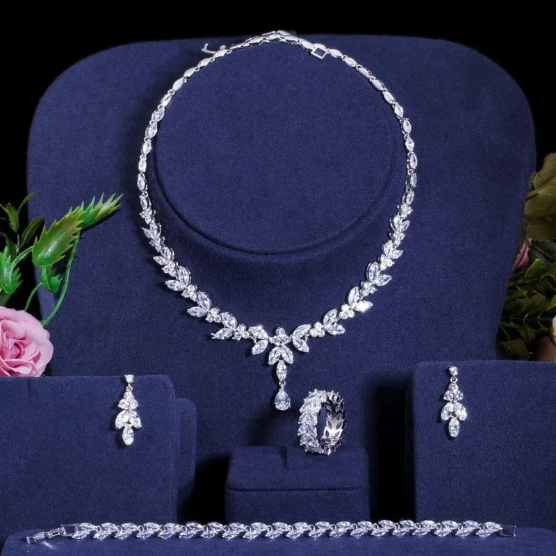 Korean minimalist wedding jewelry sets 4pc luxury leaf CZ zircon bridal stud earrings band ring pendant choker necklace set