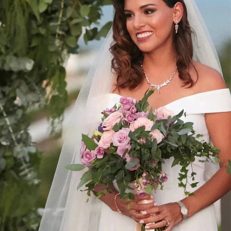 Korean minimalist wedding jewelry sets 4pc luxury leaf CZ zircon bridal stud earrings band ring pendant choker necklace set