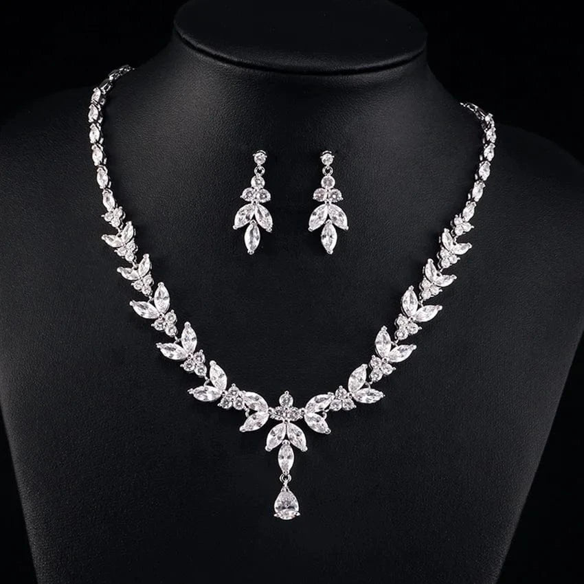 Korean minimalist wedding jewelry sets 4pc luxury leaf CZ zircon bridal stud earrings band ring pendant choker necklace set