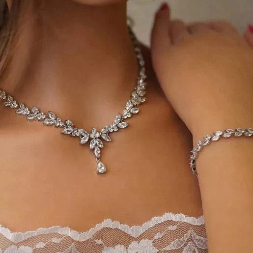 Korean minimalist wedding jewelry sets 4pc luxury leaf CZ zircon bridal stud earrings band ring pendant choker necklace set