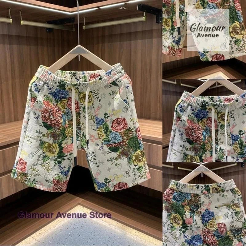 Korean retro painted rose flower shorts women's summer new fashion personalized beach pants fashion printed casual pants.