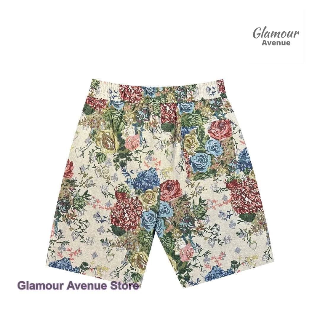 Korean retro painted rose flower shorts women's summer new fashion personalized beach pants fashion printed casual pants.