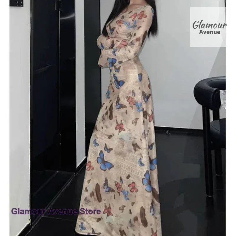 Korean retro spice wind butterfly print long - sleeved dress female summer new fashion sexy slim fold waist pocket hip dress - SN Wigs & More