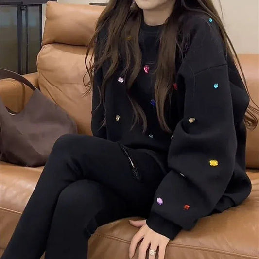 Korean style color drill turtle neck women's autumn and winter fashion shoulder - length long sleeve loose Joker black sweater - SN Wigs & More