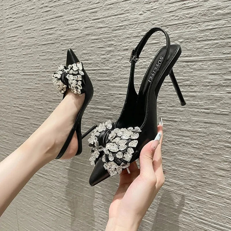 Korean Style Female Super High High Heel Stilettos Fashion Rhinestone Bowknot Point Toe Sexy Ladies Sandals
