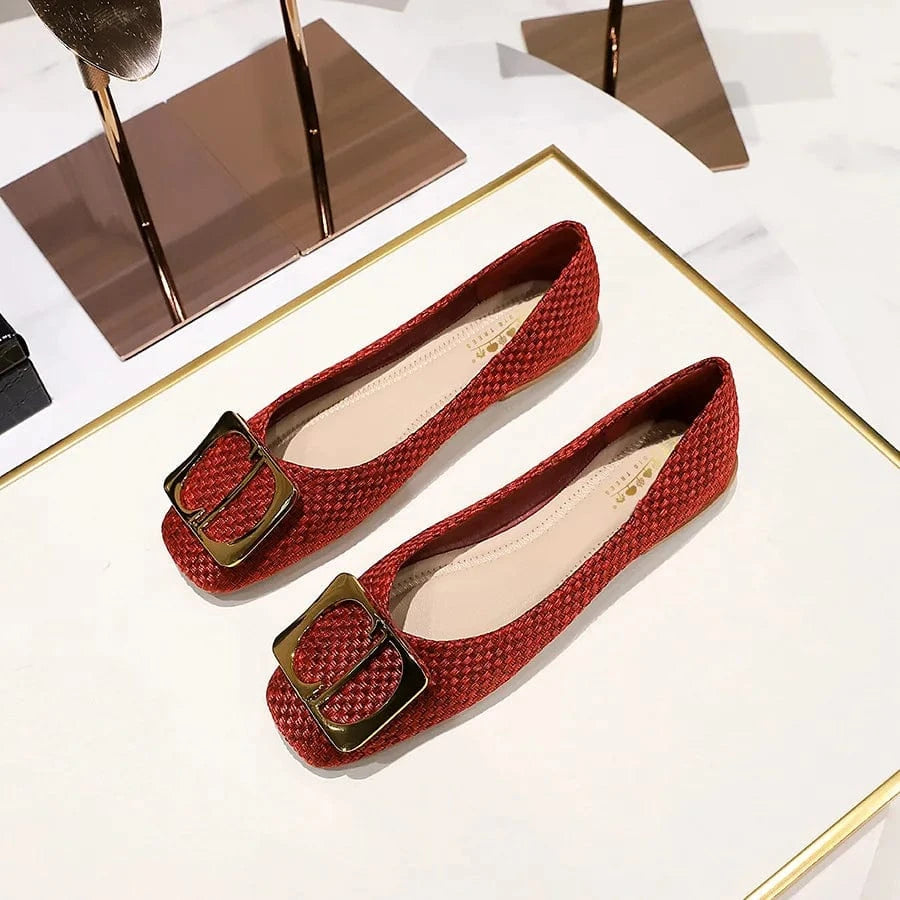 Korean Style Spring Autumn Women Sandals Square-toe Shallow Buckle Female Flats Outside Office Ladies Dress Shoes