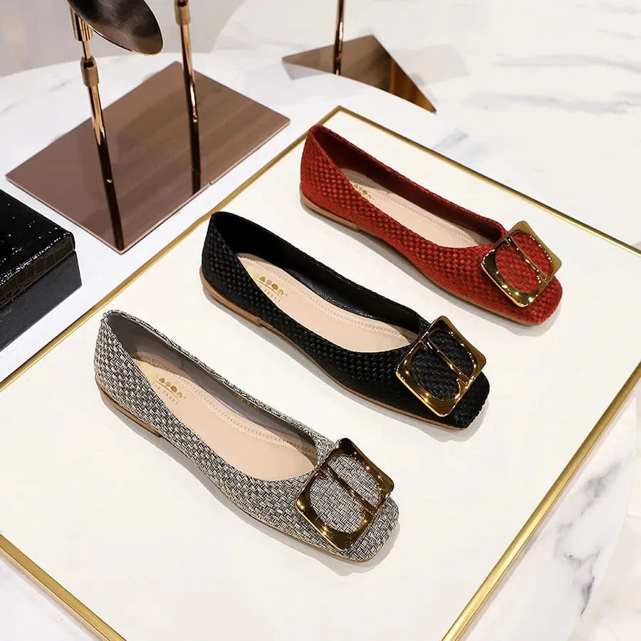 Korean Style Spring Autumn Women Sandals Square-toe Shallow Buckle Female Flats Outside Office Ladies Dress Shoes