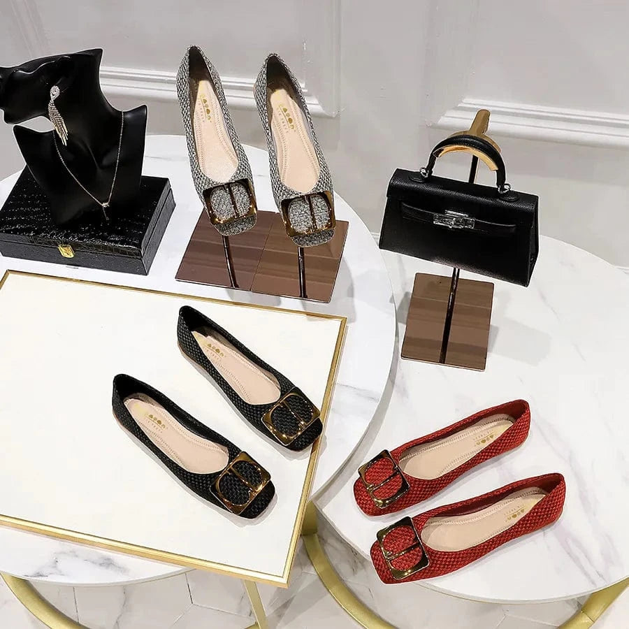 Korean Style Spring Autumn Women Sandals Square-toe Shallow Buckle Female Flats Outside Office Ladies Dress Shoes