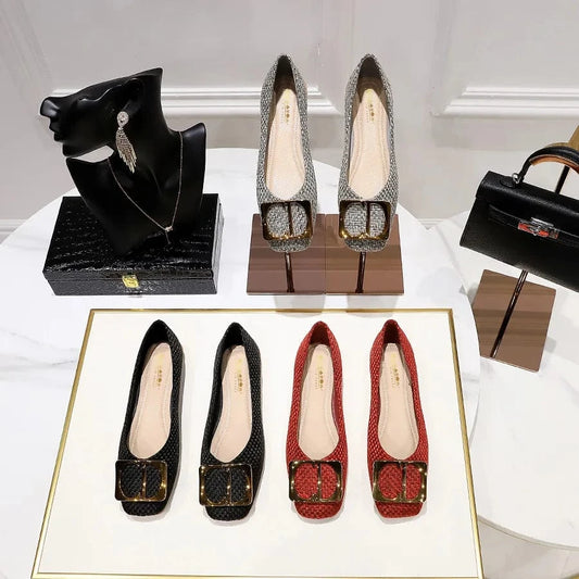 Korean Style Spring Autumn Women Sandals Square-toe Shallow Buckle Female Flats Outside Office Ladies Dress Shoes