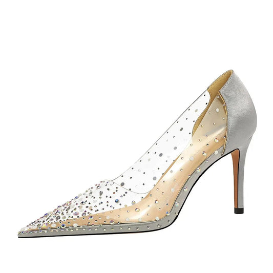Korean Style Transparent Women Heels Stilettos Shallow Point Toe Bling Rhinestone hollow out Female Heels