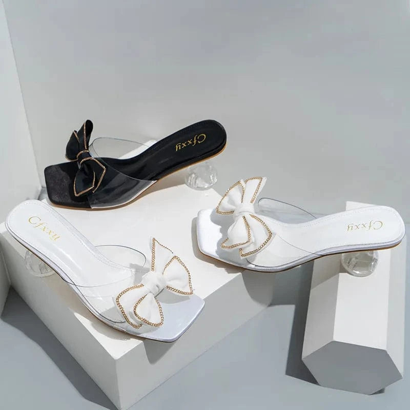 Korean Style Women Peep-toe Bowknot Crystal Pumps Sexy Ladies Square-toe Outside Sandal Slippers