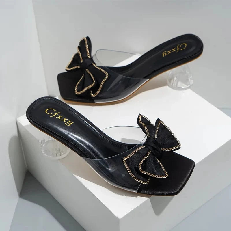 Korean Style Women Peep-toe Bowknot Crystal Pumps Sexy Ladies Square-toe Outside Sandal Slippers
