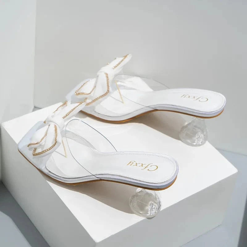 Korean Style Women Peep-toe Bowknot Crystal Pumps Sexy Ladies Square-toe Outside Sandal Slippers