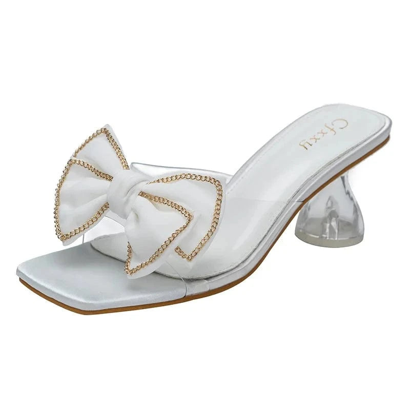 Korean Style Women Peep-toe Bowknot Crystal Pumps Sexy Ladies Square-toe Outside Sandal Slippers