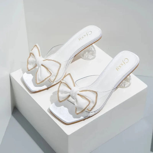 Korean Style Women Peep-toe Bowknot Crystal Pumps Sexy Ladies Square-toe Outside Sandal Slippers