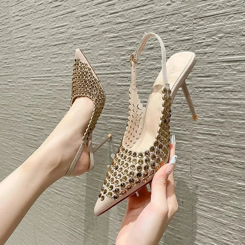 Korean Style Women Shallow Sandal 2022 Summer New Point Toe Rhinestone Stilettos High Heels