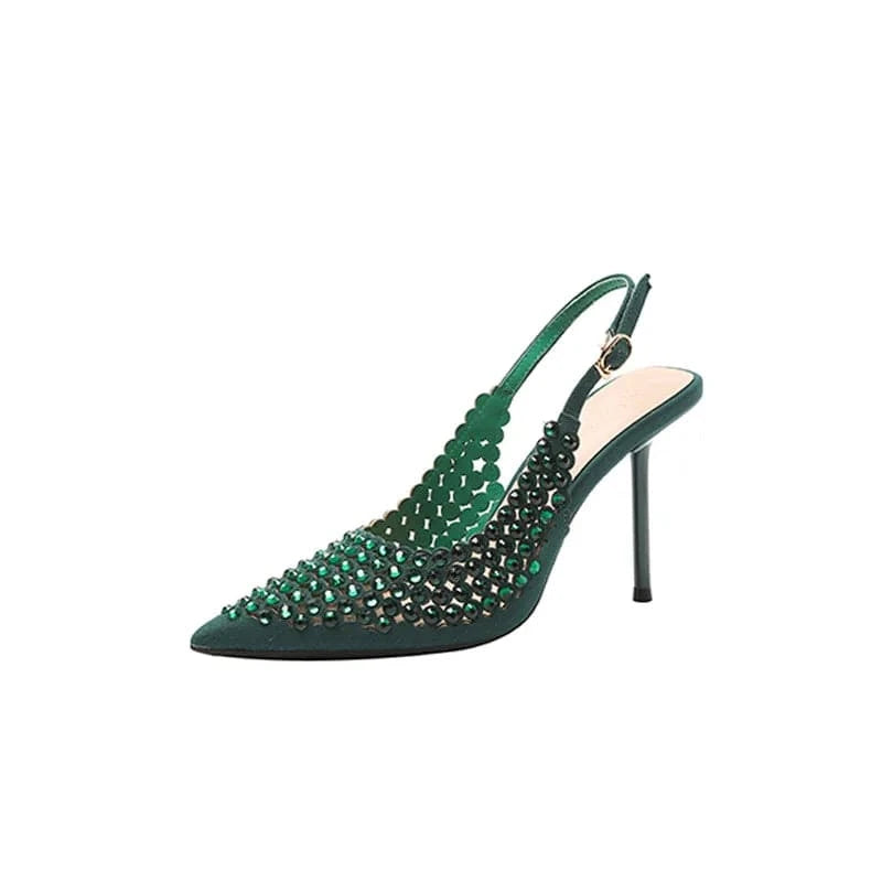 Korean Style Women Shallow Sandal 2022 Summer New Point Toe Rhinestone Stilettos High Heels