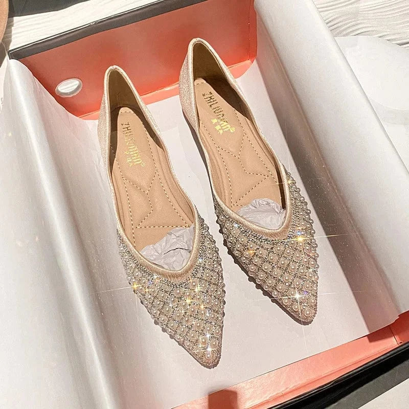 Korean Style Women Summer Internal Increase Flat Shoes Point Toe Pearls Rhinestone Female Shallow Loafers