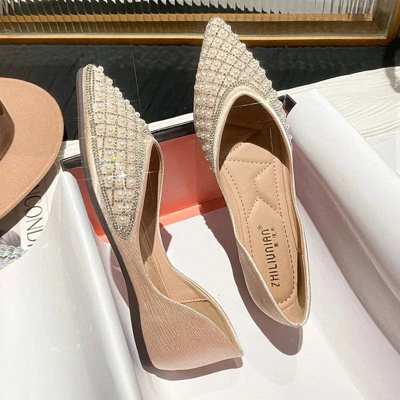 Korean Style Women Summer Internal Increase Flat Shoes Point Toe Pearls Rhinestone Female Shallow Loafers