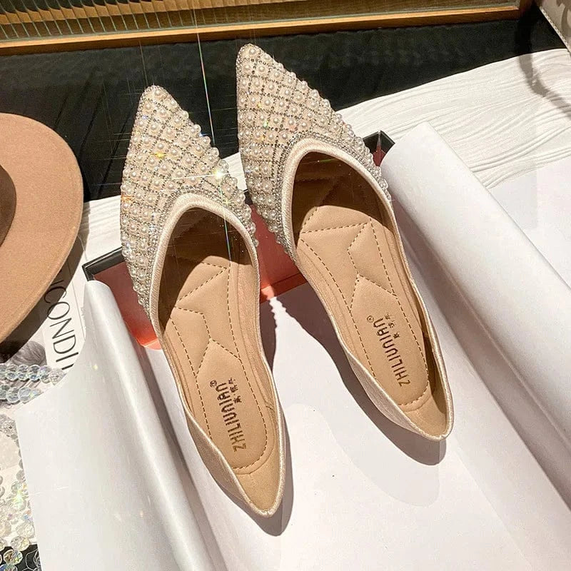 Korean Style Women Summer Internal Increase Flat Shoes Point Toe Pearls Rhinestone Female Shallow Loafers