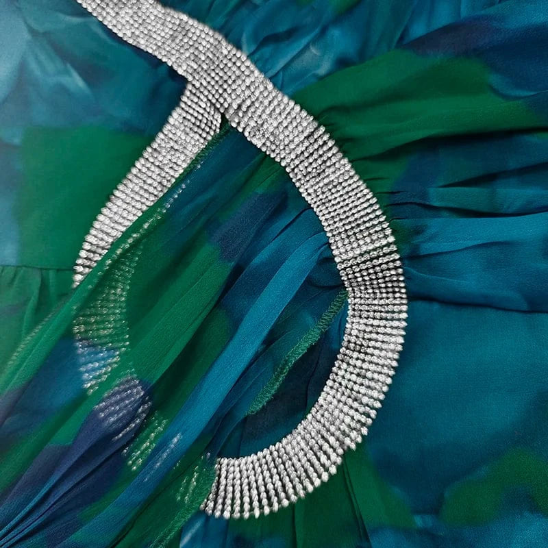 Krisstarsgirls Women's Evening Party Dresses 2025 Summer Spring Leopard Pleated Split-Side Sleeveless Rhinestone Maxi Dresses