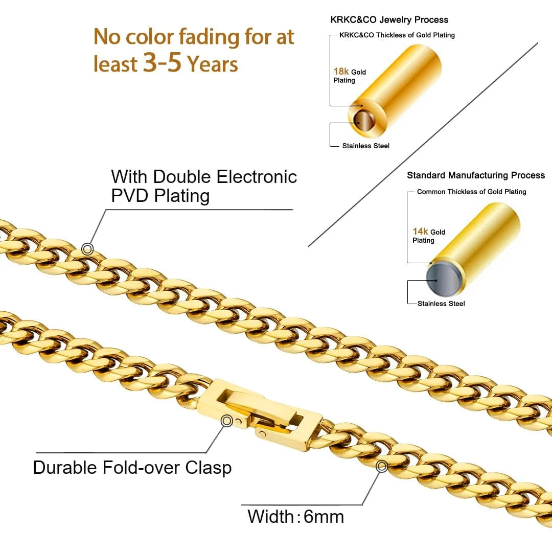 KRKC Wholesale 6mm 26 inch 18K Gold Men Jewelry Stainless Steel Cuban Link Chain Necklace Stainless Steel Gold Chain
