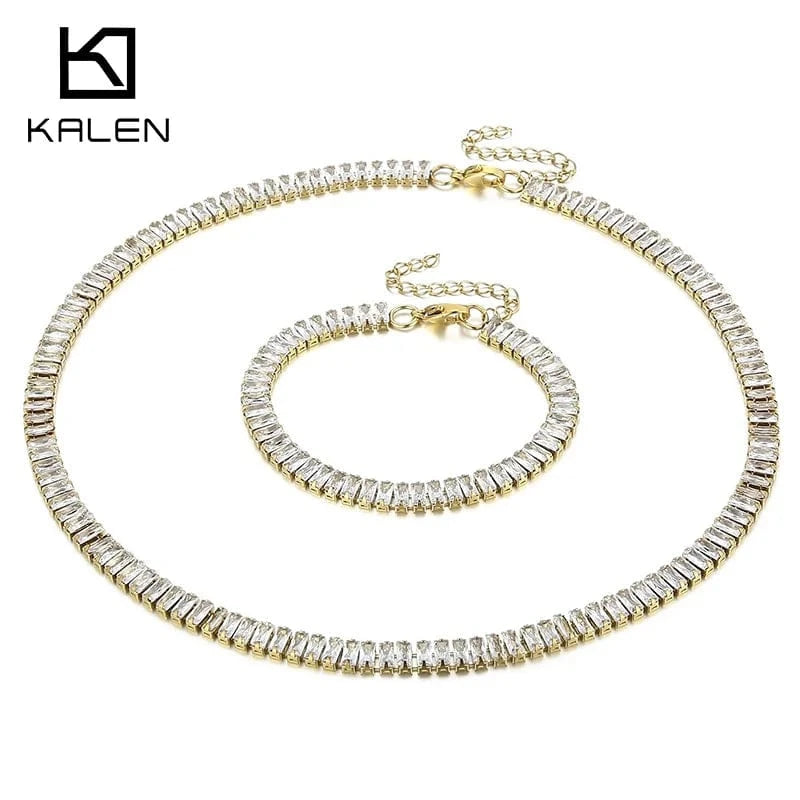 KS192916-Z Kalen Women's Jewelry Sets Rectangles Zircon Patchwork Chain Stainless Steel Necklace Bracelet
