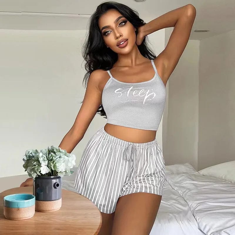 L / 02# gray New suspender pajamas women's drawstring shorts suit letter stripe printed ladies' home clothes can be worn outside