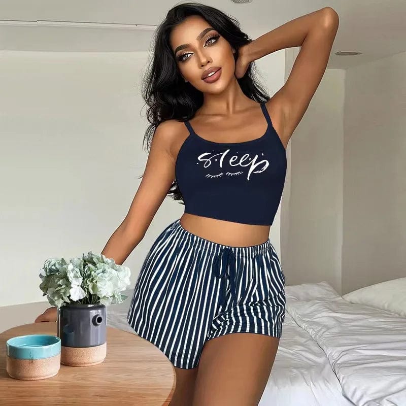 L / 04# dark blue New suspender pajamas women's drawstring shorts suit letter stripe printed ladies' home clothes can be worn outside