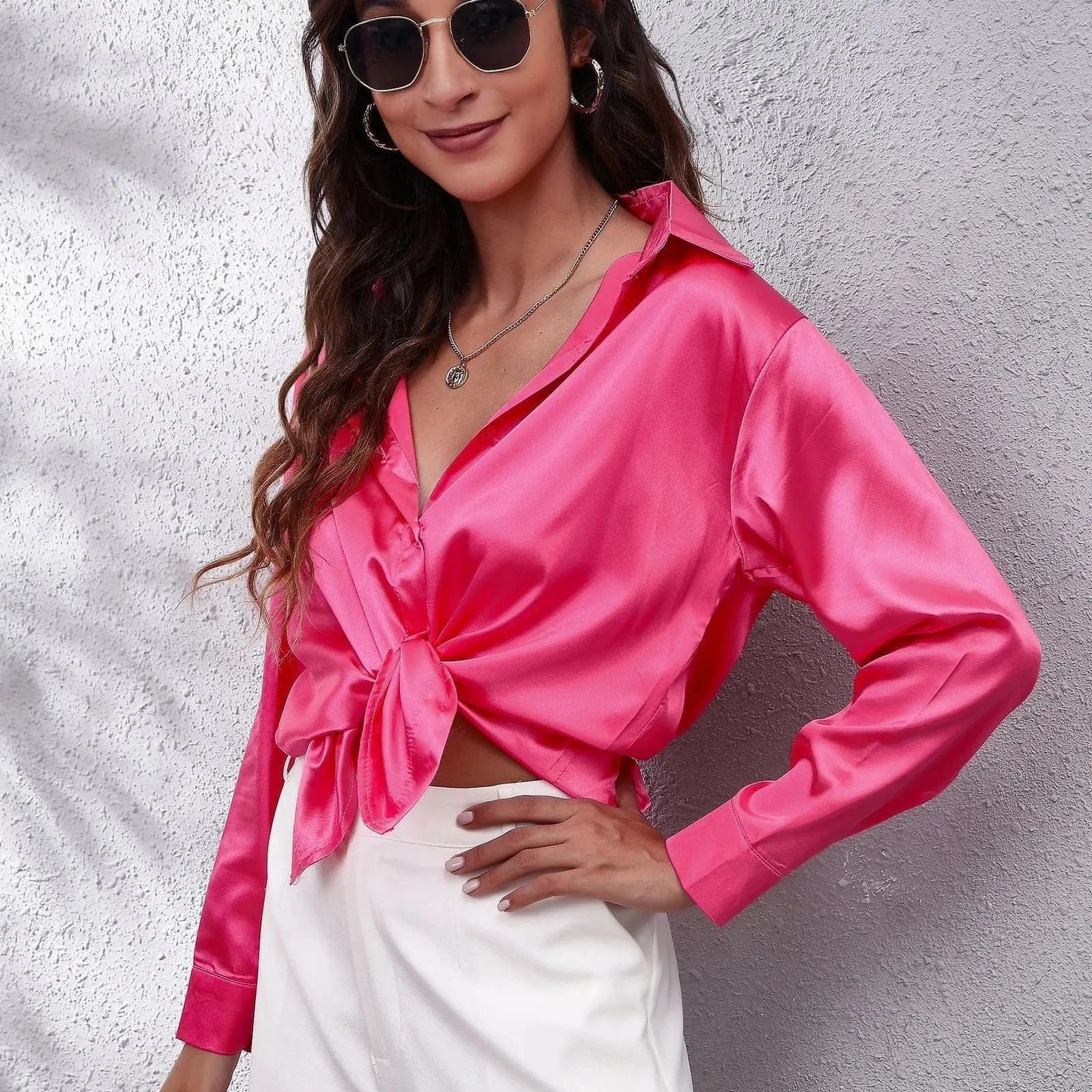 L / 04 / Silk 0212YT Women White Simulated Silk Shirt Tops Lady Long Sleeve Office Ladies Satin Blouse Blusas Women's Blouses & Shirts