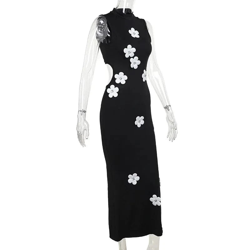 L / 1 J&HSummer 2024 New Elegant Slim Fit Long Dress Fashionable Flower Sleeveless High Neck Dress for Women