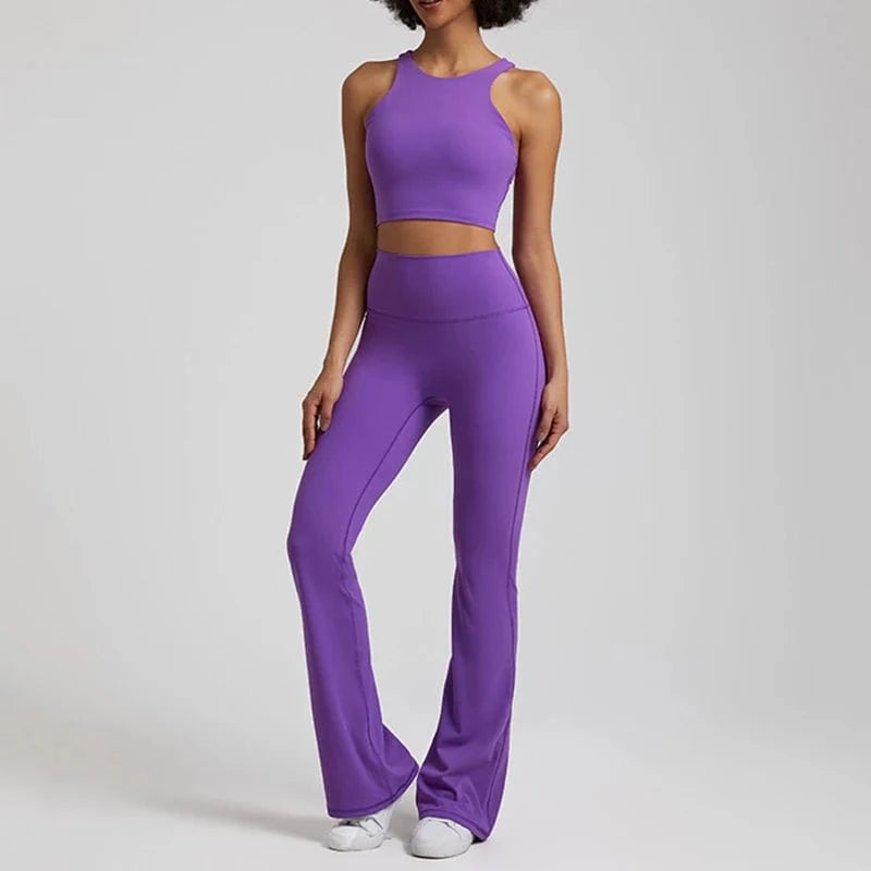 L / 10 Wholesale High Neck Racer Back Sports Bra Wide Leg Flared Pants No Front Seam Line Legging Workout Fitness Gym Wear Yoga Set