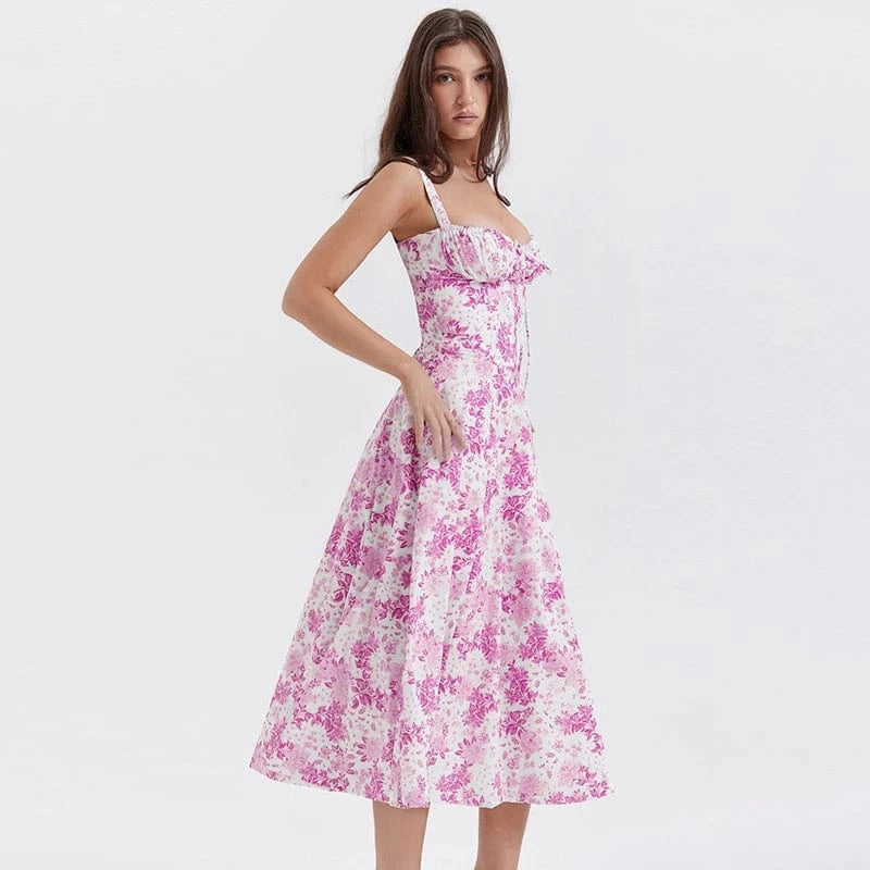 L / 12 2024 Summer New Fashion Spaghetti Strap Dress Women Floral Printed Lace-up Sexy Beach Boho Dresses Ladies Casual French Party