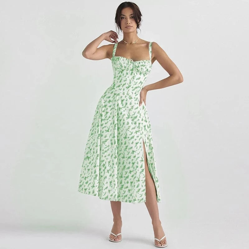 L / 16 2024 Summer New Fashion Spaghetti Strap Dress Women Floral Printed Lace-up Sexy Beach Boho Dresses Ladies Casual French Party