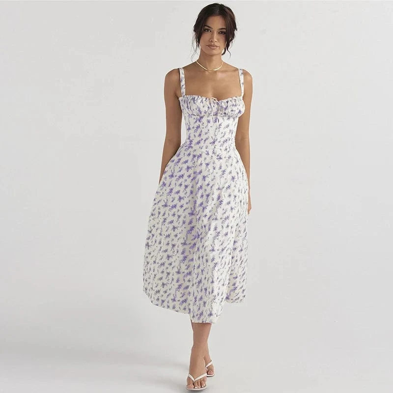 L / 17 2024 Summer New Fashion Spaghetti Strap Dress Women Floral Printed Lace-up Sexy Beach Boho Dresses Ladies Casual French Party