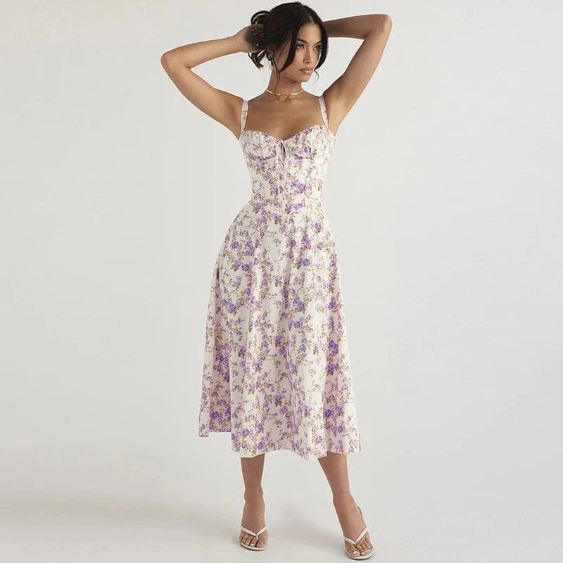 L / 19 2024 Summer New Fashion Spaghetti Strap Dress Women Floral Printed Lace-up Sexy Beach Boho Dresses Ladies Casual French Party