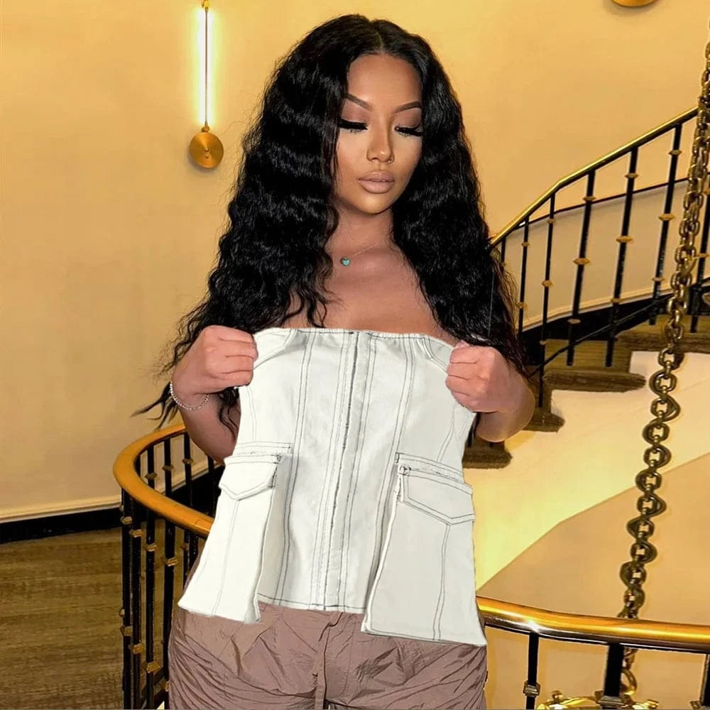 L / 2 J&H Strapless Summer 2024 Contrast Color Denim Pocket Y2K Tube Top Fashion Street Sexy Cargo Crop Top