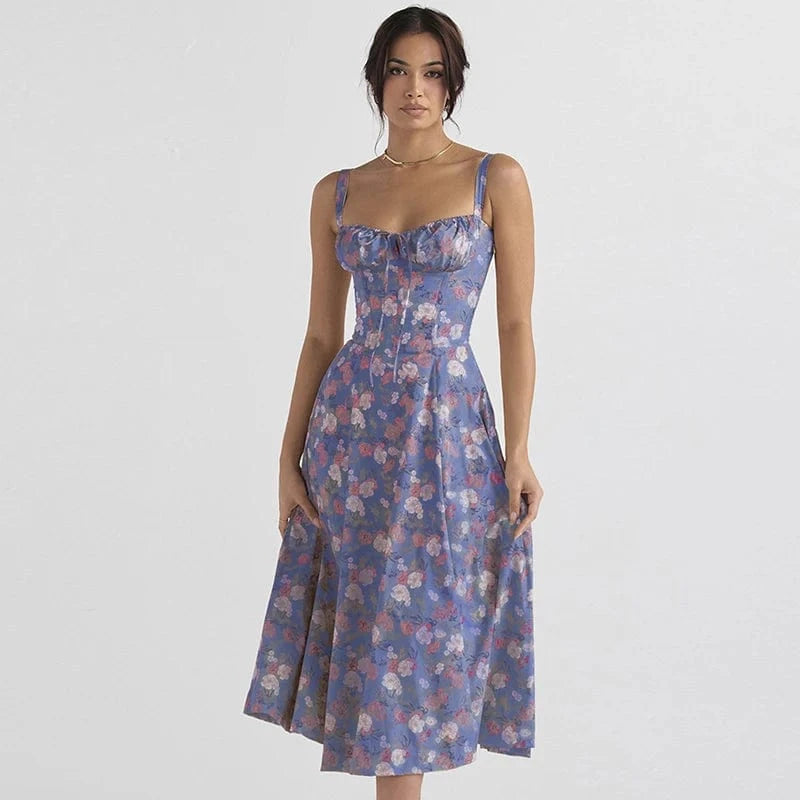 L / 20 2024 Summer New Fashion Spaghetti Strap Dress Women Floral Printed Lace-up Sexy Beach Boho Dresses Ladies Casual French Party