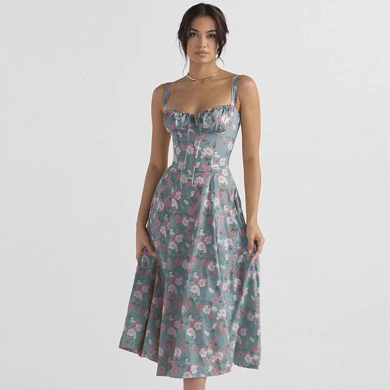 L / 22 2024 Summer New Fashion Spaghetti Strap Dress Women Floral Printed Lace-up Sexy Beach Boho Dresses Ladies Casual French Party