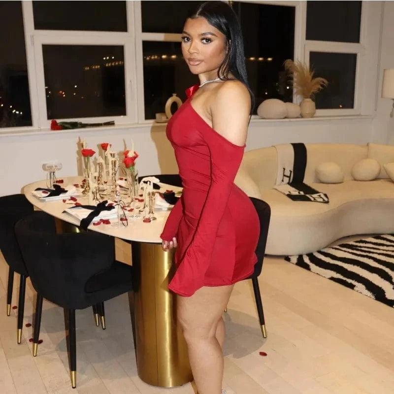 L / 3 J&H 2 2024 trendy Solid Color Slanted Neck Lace Up Off Shoulder Long Sleeve Slim Fit party evening bodycon mini Dress