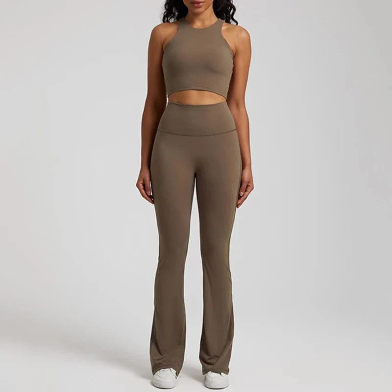 L / 4 Wholesale High Neck Racer Back Sports Bra Wide Leg Flared Pants No Front Seam Line Legging Workout Fitness Gym Wear Yoga Set