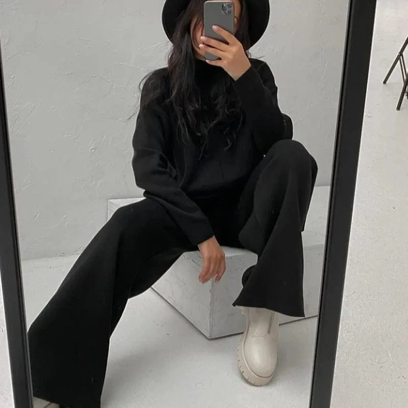 L / 6 2024 Autumn Wholesale Fashion Loose Solid Color Split Top Warm Thick Knit Pullover Long Pants Suit Women's 2 Piece Sweater