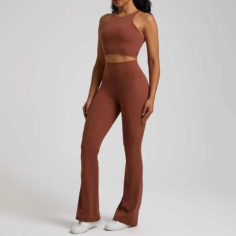 L / 6 Wholesale High Neck Racer Back Sports Bra Wide Leg Flared Pants No Front Seam Line Legging Workout Fitness Gym Wear Yoga Set