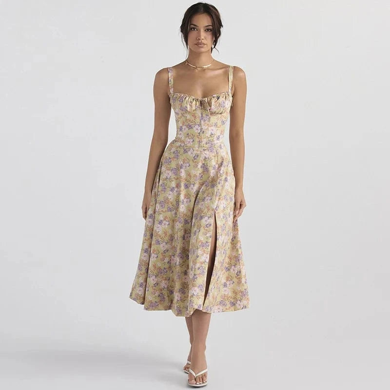 L / 7 2024 Summer New Fashion Spaghetti Strap Dress Women Floral Printed Lace-up Sexy Beach Boho Dresses Ladies Casual French Party