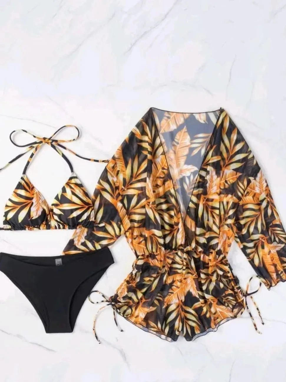 L / 8 European and American swimsuits Feminine Three Piece Style Collar Print Waist Tie Up Short Skirt Set