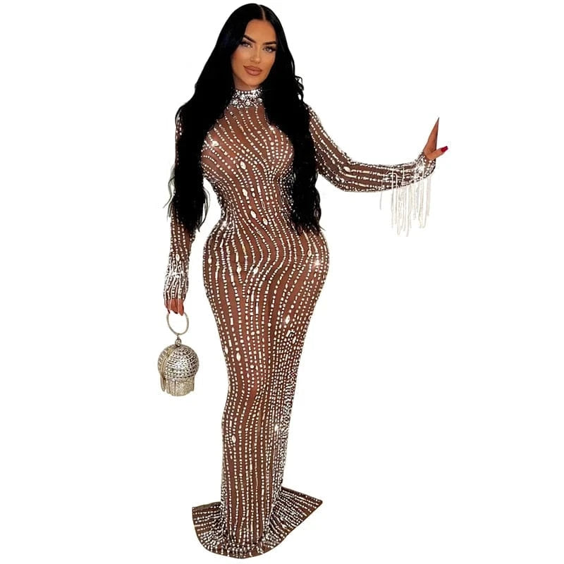 L / Apricot 2024 women lady mesh sheer sexy long sleeve heavy beaded rhinestone crystal appliqued maxi long Evening gown Dress with glitter