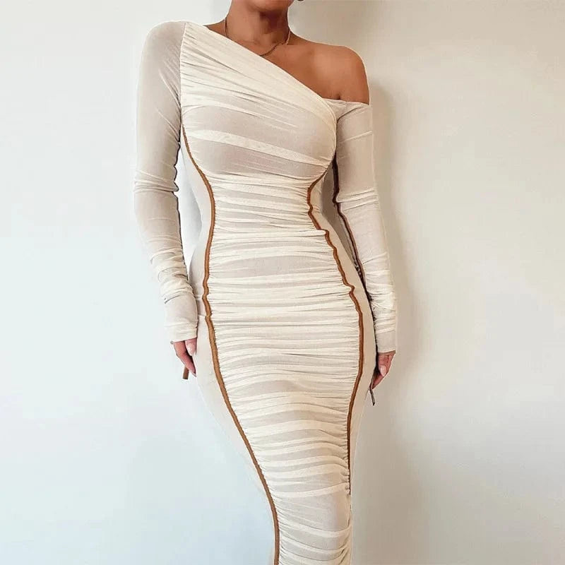 L / apricot RNSHANGER Diagonal Collar Long Sleeve Midi Dress For Women Two Layer Mesh Backless Ruched Bodycon Club Party Sexy Long Dress