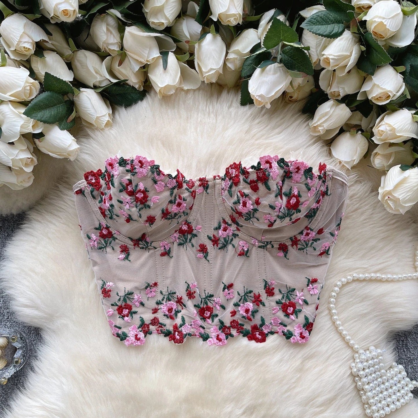 L / apricot Summer New Retro Embroidery Fragmented Flower Bra Lace Sexy Slimming Short Women's Vests