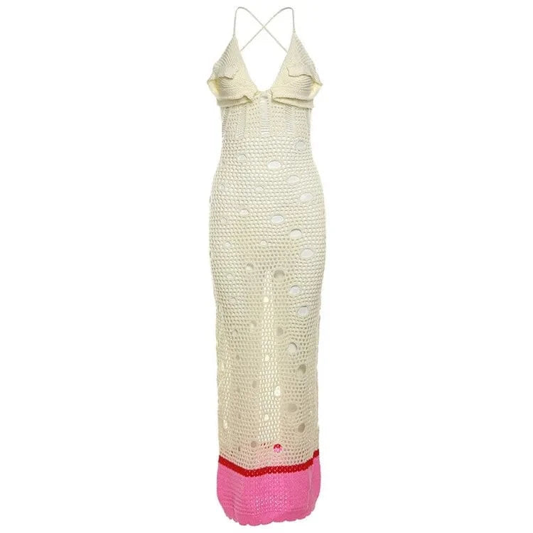 L / Apricot Summer Sexy Apricot Knitted Long Dresses Beach Outfits For Women 2024 Hollow Out Halter Maxi Dress Bandage Vacation Dress