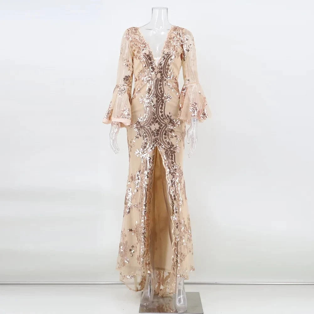 L / Apricot YQY19055 Dropshipping Luxury Backless V-neck Sequin Slit Party Dress Formal Dresses Evening Elegant Summer Prom Dresses 2022